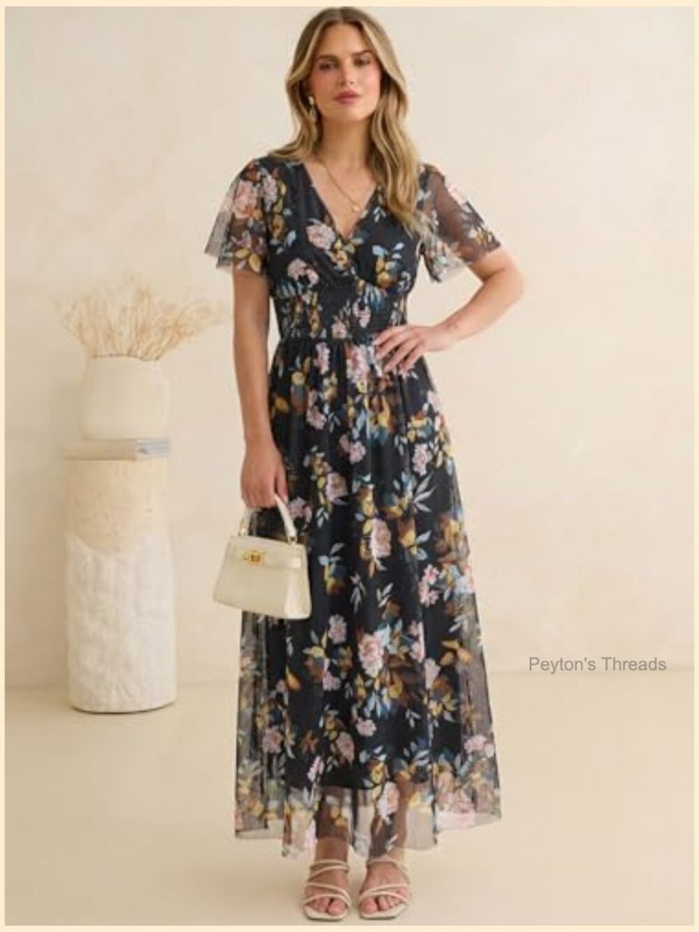 Floral Maxi Dress Short Sleeve Boho Flowy Tulle Beach Wedding Guest Party Dress - Picture 3 of 6